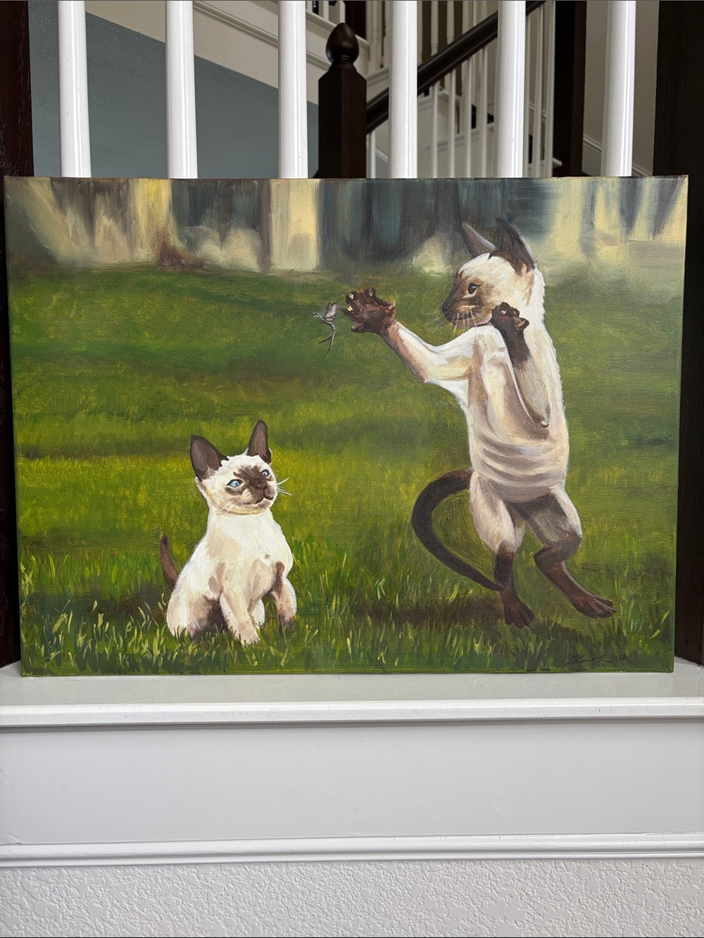 Playful Siamese Kittens Painting – Home Art (Oil on Canvas)